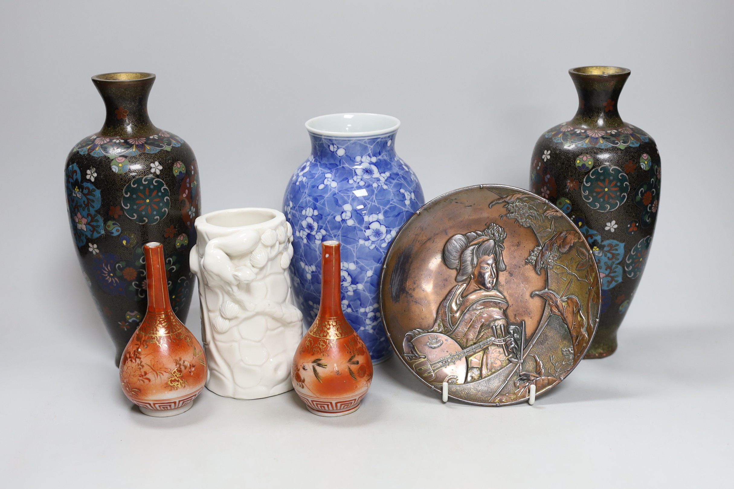 A pair of Japanese cloisonné enamel vases, four Japanese vases and an antimony dish. Tallest 22cm